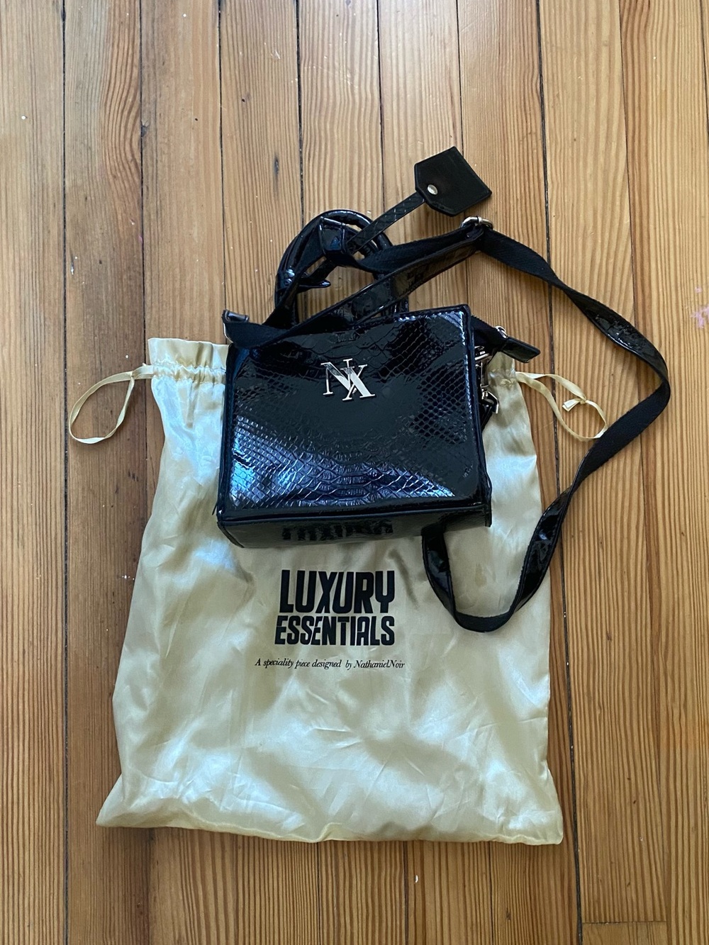 Nathaniel Noir Luxury Essentials Black Snake Print Mini Crossbody Tote Bag